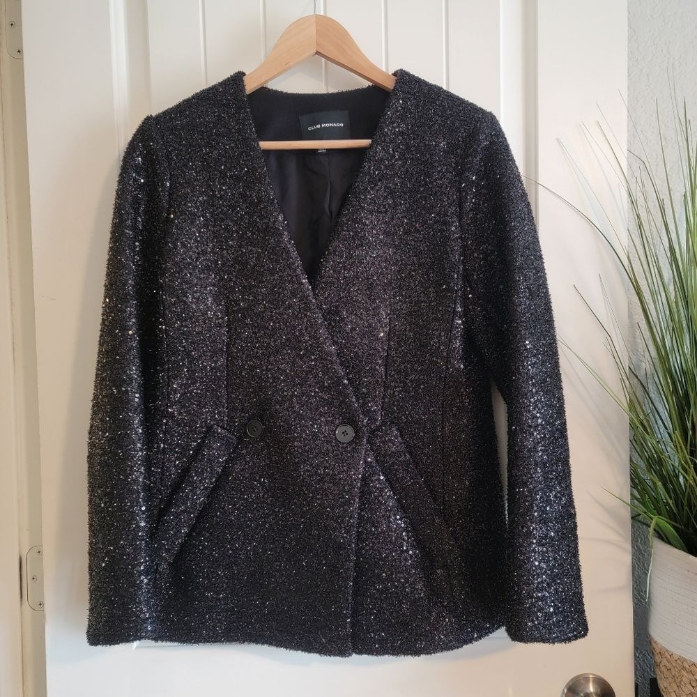 Club Monaco Collarless Party Blazer | Black Metallic Bouclé | Size 6